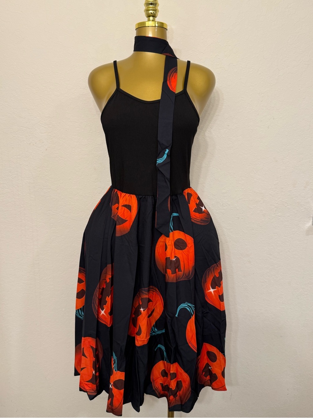 Kids Black Pumpkin Print Halloween Dress